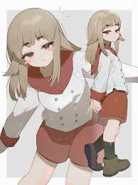 mimihime (tengoku daimakyou), tengoku daimakyou, thick eyelashes,  commentary, highres, 1girl, :<, :3, arms behind back, black socks, blue  eyes, blush stickers, boots, border, brown footwear, buttons, chestnut  mouth, contrapposto, cowboy shot, from