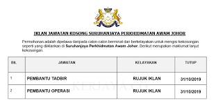 Jawatan kosong suruhanjaya perkhidmatan awam johor. Jawatan Kosong Terkini Suruhanjaya Perkhidmatan Awam Johor Pembantu Tadbir Pembantu Operasi Kerja Kosong Kerajaan Swasta