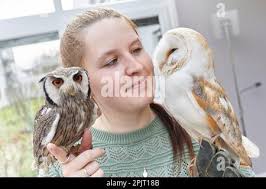 Koblenz, Deutschland. 29. März 2023. Jose Lay, Bewohner des Hospiz, genießt  die Nähe zu Merlin, der weißgesichtigen Eule der „Falconers of Hearts“ auf  der Terrasse des Hospiz Koblenz. Therapeueufen bieten ganz besondere