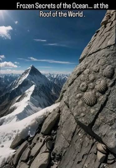 How did seashell fossils end up thousands of meters above sea level? This  striking image shows marine fossils embedded in rocks near a snow-covered  mountain peak—evidence that these mountains were once under