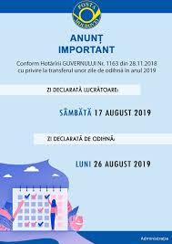 Zilele de 30 aprilie, 10 mai şi 26 august 2019 vor fi considerate zile de odihnă, potrivit hotărârii aprobate astăzi de executiv. PoÈta Moldovei PoÈtamoldovei ZiledeodihnÄ August Facebook