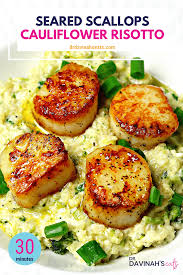 Low carb gluten free baked sea scallops recipe. A Quick Keto Friendly And Grain Free Recipe For Seared Scallops And Parmesan Cauliflower Ri Scallop Recipes Healthy Shrimp And Scallop Recipes Risotto Recipes