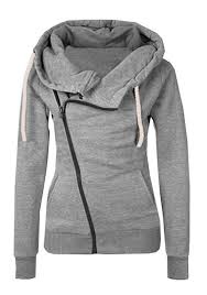 grey plain side zipper pockets cowl neck casual hooded cardigan sweatshirt