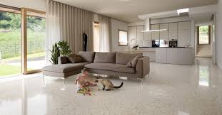 Astonishing Open Living Room Design Interior Featuring Grey Glossy Terrazzo Flooring Base Open Living Room Design Open Living Room Interior Design Living Room