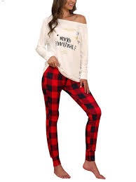 Plus Size Women Christmas Pajamas Nightwear Ladies Girls Off Shoulder Xmas Top Plaid Pants Pyjamas Sleepwear Pjs Set