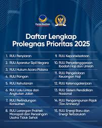 41 RUU resmi masuk dalam Program Legislasi Nasional (Prolegnas) Prioritas  2025. Dari 41 RUU tersebut 2 RUU diantaranya adalah RUU yang terus  diperjuangkan oleh Fraksi NasDem yakni RUU Perlindungan Pekerja Rumah  Tangga (