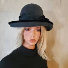 Vintage Louise Green Charcoal Gray Brimmed Wool Hat Jeweled Accent Boho