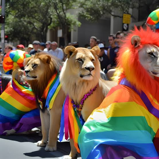 Lions taking part in a Pride Day parade - Impossible Images - Unique stock images for commercial use.