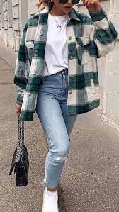 Hunter Green White Plaid Jacket White T Shirt Faded Skinny Jeans Black Shoulder Bag White Ten Trendy Fall Outfits Plaid Jacket Outfit Casual Fall Outfits