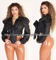 Women Wet Look Faux Leather Puffy Club Crpped Tops Long Sleeve Solid Blouse  NEW | eBay