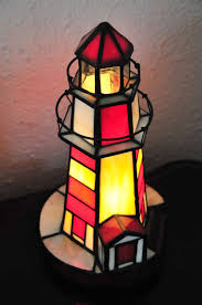Vintage Stained Glass Lighted Lighthouse Lamp Nautical Ocean Etsy Stained Glass Light Stained Glass Lamps Glass Lighting