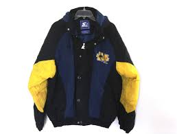 Black And Yellow Bandana Jacket Vintage 90s Michigan Starter Jacket Coat Hooded Navy Blue Mens Quilted By 216vintagemodern On Etsy Coats Jackets Jackets Quilted Coat