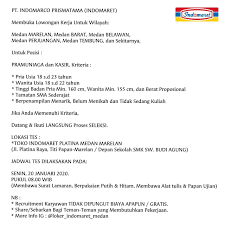 Indomaret merupakan jaringan minimarket yang menyediakan kebutuhan pokok dan kebutuhan hingga mei 2010 indomaret mencapai 4261 gerai. Lowongan Kerja Sma Smk Medan Januari 2020 Di Indomaret Lowongan Kerja Sma Smk D3 S1 Agustus 2021