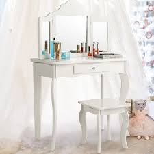 Costway Vanity Table Set Makeup Dressing Table Kids Stool Mirror Dressing Table Vanity Mirrored Vanity Table Vanity Table Set