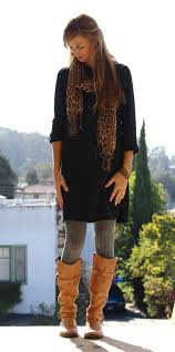 Casual Black Dress Grey Cable Knit Tights Cognac Boots Leopard Scarf Fashion Black Dresses Casual Fashion Tights