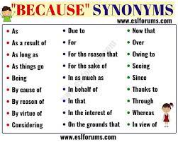 Because Synonym 27 Useful Synonyms For Because Esl Forums Essay Writing Skills Writing Words Learn English Words
