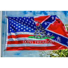 One half of flag painted traditional colors, other half painted with the gadsden flag and a torched line right down. Rebel Usa Dont Tread On Me Flag 3 X 5 Feet Nylon Outdoor