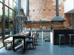 Nice Loft Kitchen With Exposed Brick Wall Black Fixtures Concrete Countertops And Floor Exposed Brick Exposed Brick Walls Rustic Kitchen