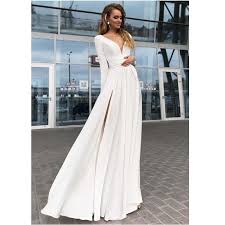 White Long Sleeves A Line V Neck Simple Inexpensive Modest Elegant Prom Dresses Weddi Modest Wedding Dresses Lace Bridesmaid Dresses Designer Wedding Dresses