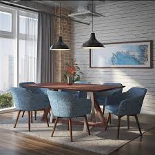 In kitchens or breakfast nooks, a small triangular bistro dining room set adds unique flair while giving everyone some elbow room. Worldwide Homefurnishings Inc Worldwide Homefurnishings Contemporary Dining Set With Walnut Table Blue 7 Pcs 207 219wl 194bl Rona
