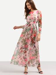 Self Tie Rose Print Chiffon Romantic Dress Shein Sheinside Long Sleeve Chiffon Dress Long Sleeve Boho Maxi Dress Maxi Dress With Sleeves