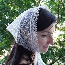 Christian Head Cover White/ Sheer Lace Headscarf With Ties/ Cathedral  Mantilla Chapel Veil Triangle/ Church Head Covering/ Prayer Shawl