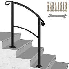 Iron Step Handrail Stair Railing Kit Fit 3 Step Black Outdoor Deck Han Vevor Us In 2021 Wrought Iron Handrail Black Stair Railing Handrail