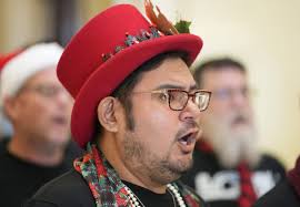 Santas, singing and celebration of holidays, Christmas in Austin