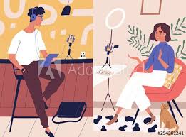 Live Streaming Broadcast Flat Vector Illustration Male And Female Social Media Network Bloggers Collaborati Podcasts Business Icons Vector Cartoon Characters