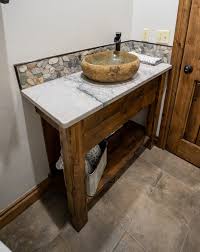 Picture of small bathroom granite counter top on 30 pegasus bath vanity with 3 drawer design. Sequoia Granite Bathroom Vanity