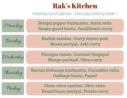 South Indian Weekly Lunch Planner Raks Kitchen Lunch Planner Weekly Menu Planners Vegetarian Meal Plan