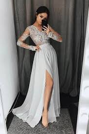 Stylish A Line V Neck Long Sleeves Split Front Gray Chiffon Long Prom Dresses Uk Pm327 Grey Prom Dress Prom Dresses Long With Sleeves Evening Dresses With Sleeves