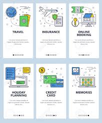 Travel credit cards often provide several types of travel insurance, covering trip delays, baggage loss, emergencies, and more. Vector Set Of Mobile App Onboarding Screens Travel Insurance Royalty Free Cliparts Vectors And Stock Illustration Image 111404746