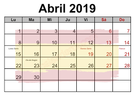 4 Abril Spain Calendar Holidays 2019 Monthly Holiday Calendar Monthly Calendar Template Free Printable Calendar
