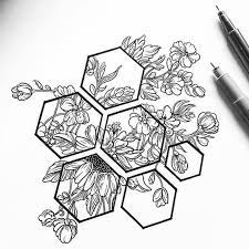 Geometric Design Honeycomb Shapes Flowers Black And White Pencil Sketch Step By Step Drawing Tattoo Design Drawings Flowers Sketch Flower Drawing