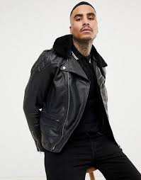 Schott Lc Enfield 2 Leather Biker Jacket Detachable Faux Fur Collar Slim Fit In Black Faux Fur Collar Leather Biker Jacket Biker Jacket