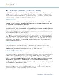 New Gold Announces Changes to the Board of Directors