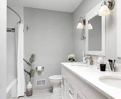 This earth tone makes for a great color theme in your bathroom. White Bathroom With Gray Walls Light Grey Bathrooms Gray Bathroom Walls Bathroom Wall Colors