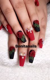 Black And Red Acrylic Nails Ideas Black And Red Nails Wtih Pearls And Red Acrylic Roses Nail Art Mexican Nails Quinceanera Nails Red Acrylic Nails