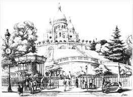 A drawing representing the basilica of the sacred heart of montmartre in paris (france), situated at the top of the butte montmartre. Paris Coloring Pages For Adults