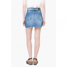 Jupe courte en jean bleu clair et à effet délavé à ouverture déplacée, frises multicolores à la ceinture et asymétrique créée par young talents. Jupe Courte Jean Femme Desigual Bleu 3 Suisses