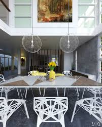 Browse our range of dining table, chairs & accessories here. Comtemporary White Dining Chairs And Wooden Angular Shapes Table Tops And Dual Pendant Light Also Bright Yellow Accent Decoration Ideas Unique Dining Room Decor With Contemporary Furniture Ornament Brabbu Design Forces