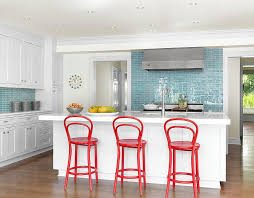 Cabinets are amazing quality and beautiful. White And Blue Kitchen And Red Bentwood Counter Stools Cottage Kitchen