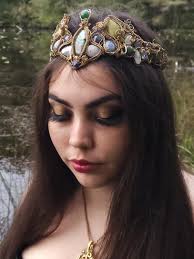 CreatedbyIshtar Brass and Copper Highly Decorated Crown with Labradorite and Rainbow Moonstone Center