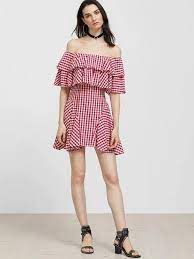 Red And White Gingham Off The Shoulder Layered Ruffle Dress Shein