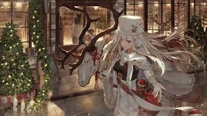 Wallpaper Enterprise Azur Lane Azur Lane Anime Girls Artwork Digital Art 2d Illustration Drawing Digital Painting Fantasy Art Fantasy Girl Women Blue Eyes Looking At Viewer Silver Hair Long Hair Reindeer Green sofa chair and christmas decors, toys, tree, gifts, new year. enterprise azur lane azur lane anime