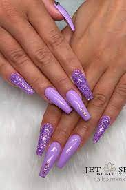 A purple solid for a base, these white rhinestone crystals provide the perfect contrast to it. 120 Best Coffin Nails Ideas That Suit Everyone Purple Glitter Nails Purple Acrylic Nails Light Purple Nails