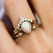 Pear Stacking Ring Set In Gold With White Opal Engagement Rings Opal 14k White Gold Engagement Rings Opal Wedding Rings