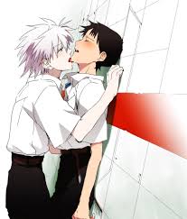 hosaka dx, ikari shinji, nagisa kaworu, neon genesis evangelion, bad id,  bad pixiv id, 2boys, against wall, blush, brown hair, closed eyes, dutch  angle, grey hair, kabedon, licking, male focus, multiple boys,