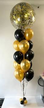 Column Style Black And Gold Confetti Balloons With Mini Black And Gold Balloons At The Bott Black And Gold Balloons Gold Balloons Decorations Confetti Balloons
